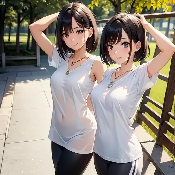 masterpiece,Highest quality, Ultra-high resolution,(Beautiful woman:1.2),(Beautiful big boobs:1),(Happy:1.2),(enjoy:1.2), (Black Hair:1), (short low ponytail:1.2), Medium Hair,Sexy mole around mouth,Wet lips, (It gushes out:1.4), (Squint your eyes:1.4),(simple Plain uniform:1.5),(Gym suit:1), 学校のGym suit,(Plain:1.8),(Wearing a crew-neck white T-shirt:1.2), Navy blue short sweatpants , Upper Body Shot,