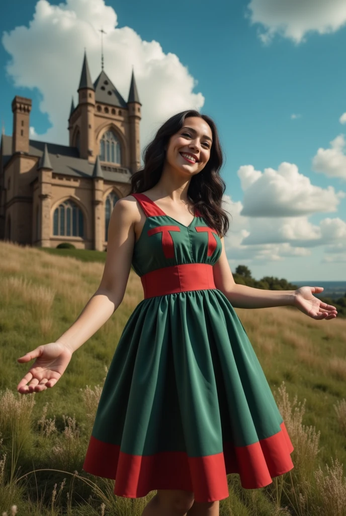 masterpiece photo of a dark-haired full-length sorceress with green eyes dressed as mage actively says something while gesticulating, a cheerful facial expression, blush, interesting dynamic pose, against the background of college of magic, a rich blue sky with clouds, a lot of vegetation, bright colors, intricate bizarre color combinations