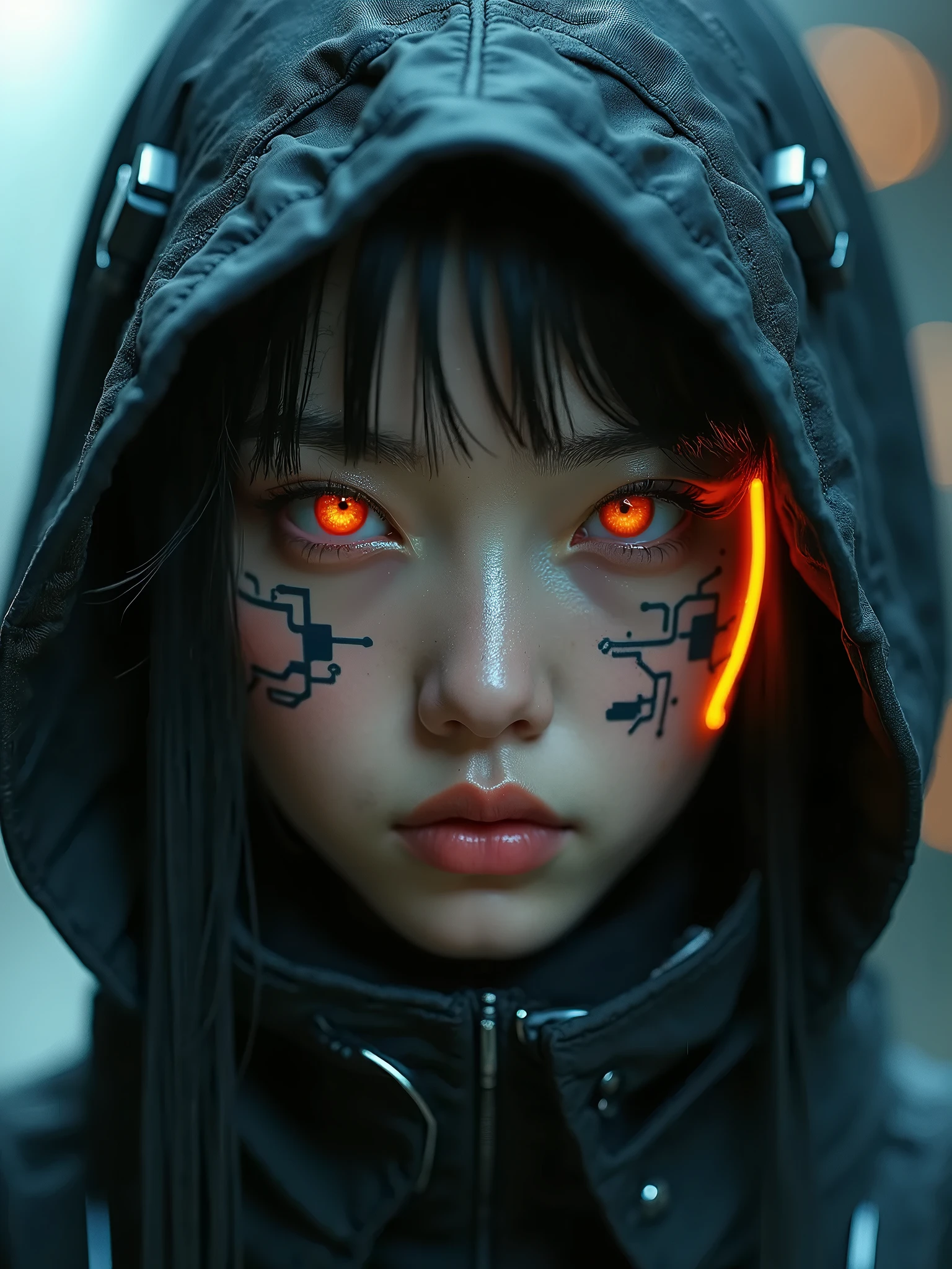 A girl, yellow jacket, hands in pockets, staring at another person, long black hair, heterochromic eyes, heterochromic eyes, heterochromic pupils, 8k resolution, very detailed, anatomically correct, digital painting, concept art, Makoto Shinkai style, clear picture,