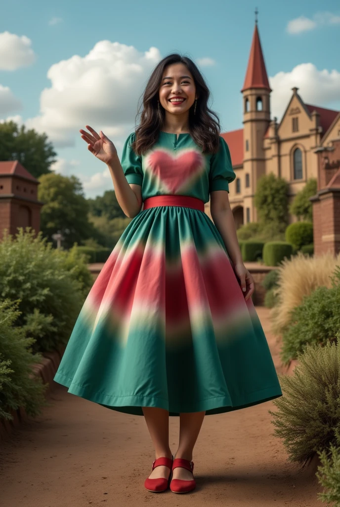 masterpiece photo of a dark-haired full-length woman with green eyes dressed as mage actively says something while gesticulating, a cheerful facial expression, blush, interesting dynamic pose, against the background of college of magic, a rich blue sky with clouds, a lot of vegetation, bright colors, intricate bizarre color combinations