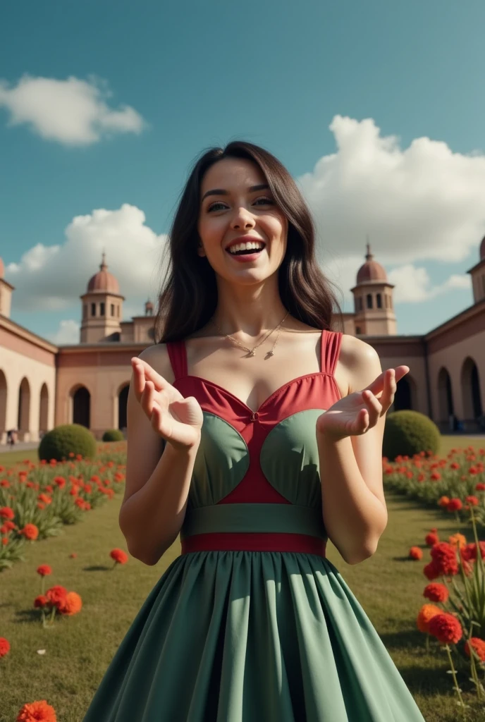 masterpiece photo of a dark-haired full-length woman with green eyes dressed as mage actively says something while gesticulating, a cheerful facial expression, blush, interesting dynamic pose, against the background of college of magic, a rich blue sky with clouds, a lot of vegetation, bright colors, intricate bizarre color combinations