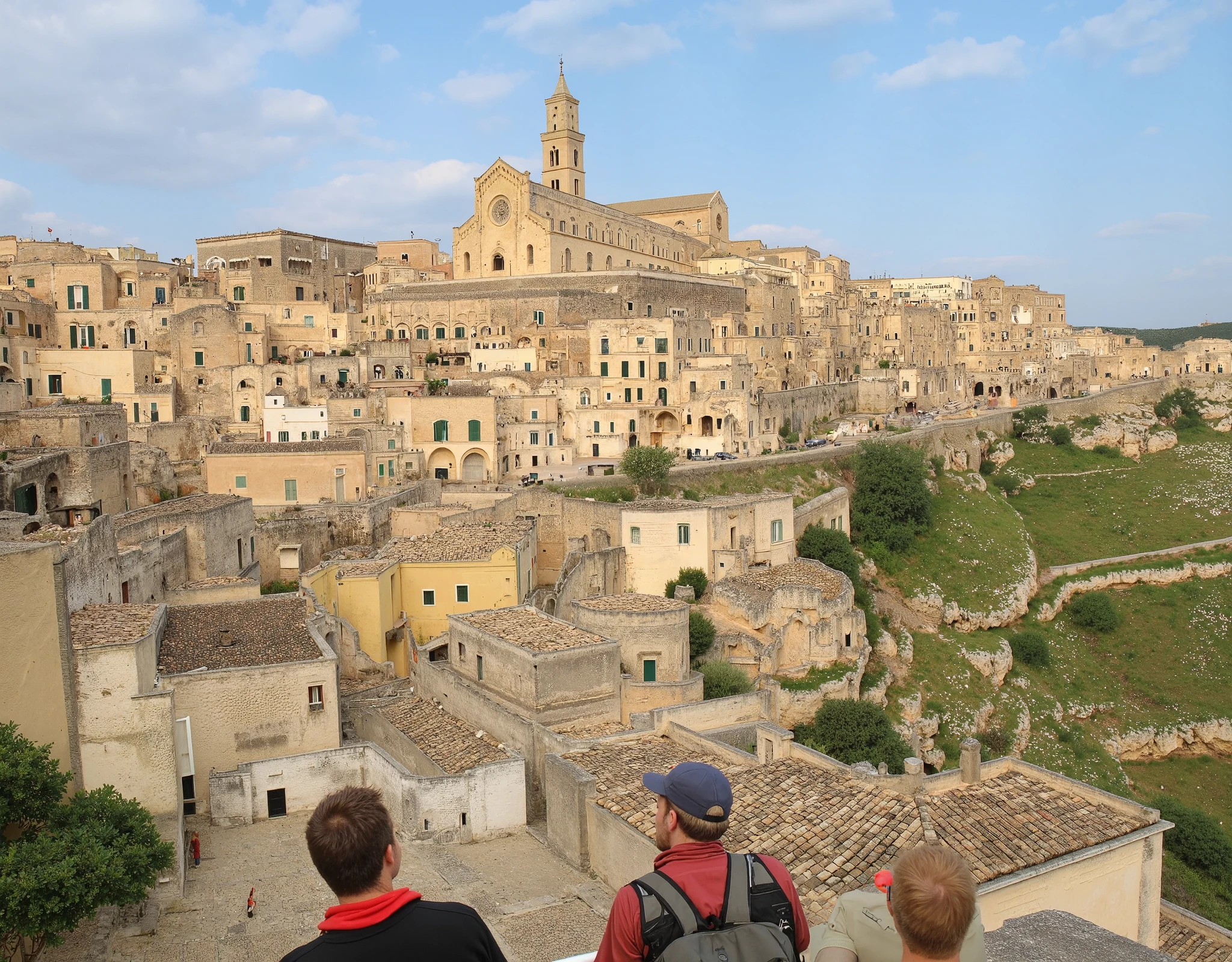 A group of German tourists are visiting Matera, Men with beers in hand climb the steps of the cathedral of Matera on a sunny day. The tourist guide indicates the beauties of the place. In the background the panorama of the Sassi of Matera.