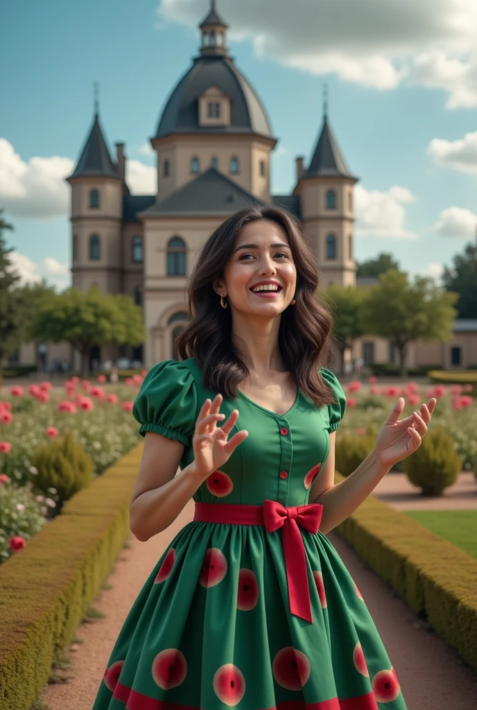 masterpiece photo of a dark-haired full-length woman with green eyes dressed as mage actively says something while gesticulating, a cheerful facial expression, interesting dynamic pose, against the background of college of magic, a rich blue sky with clouds, a lot of vegetation, bright colors, intricate bizarre color combinations