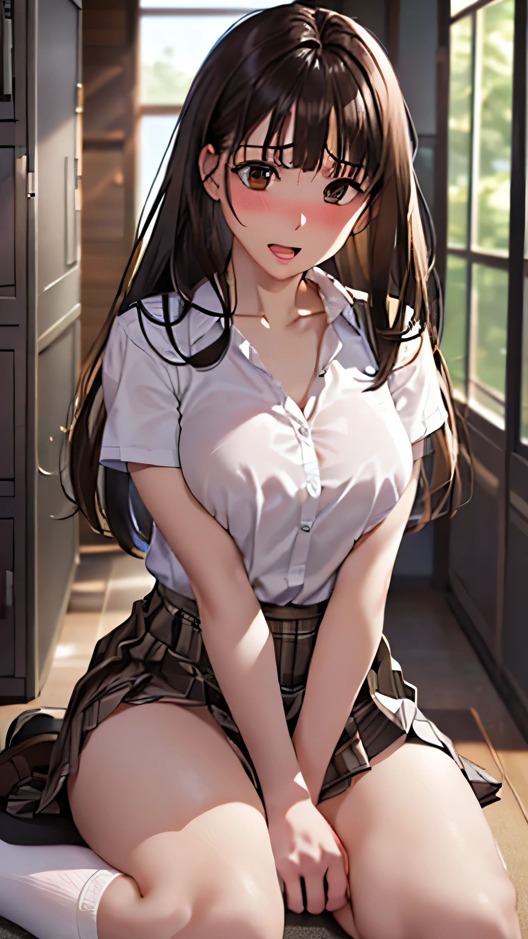 (A work depicting a scene from an anime for adults), ((Braiding, Pleated skirt, ribbon, Round face, Realistic sized eyes, Droopy eyes, blush, A shy smile, Thin lips, Spread your legs)), (((Stand up and masturbate by pressing your crotch against the corner of the table))), Open your mouth, (outside, On the sidewalk, Terrace table), erase, Medium Penis, Penis with visible veins, As,  Handjob, 