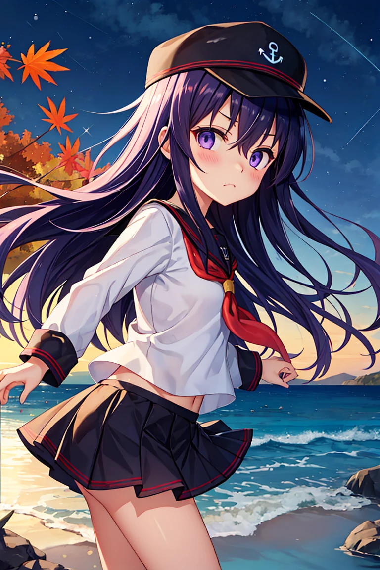 Portrait, official art, best masterpiece, best quality, best resolution, 8K, best detailed, perfect anatomy, dutch angle, (look far away:1.2), (From below, From side), motion blur, drop shadow, dutch angleabove
BREAK
Look up at the sky, raise one hand
BREAK
(akatsuki_kantaicollection:1.15), long hair, serafuku, hat, anchor symbol, purple eyes, purple hair, flat cap, hair between eyes, neckerchief, red neckerchief, school uniform, (small breasts, child_like build, short stature:1.3), 1small girl, little_girl
BREAK
Serious face, furrowing brow, (closed your mouth, worried)
BREAK
Clear autumn sky, sea side, water's edge, Darkness, absurd, (outdoor), (night, midnight:1.3), very fine and detailed 16KCG wallpapers