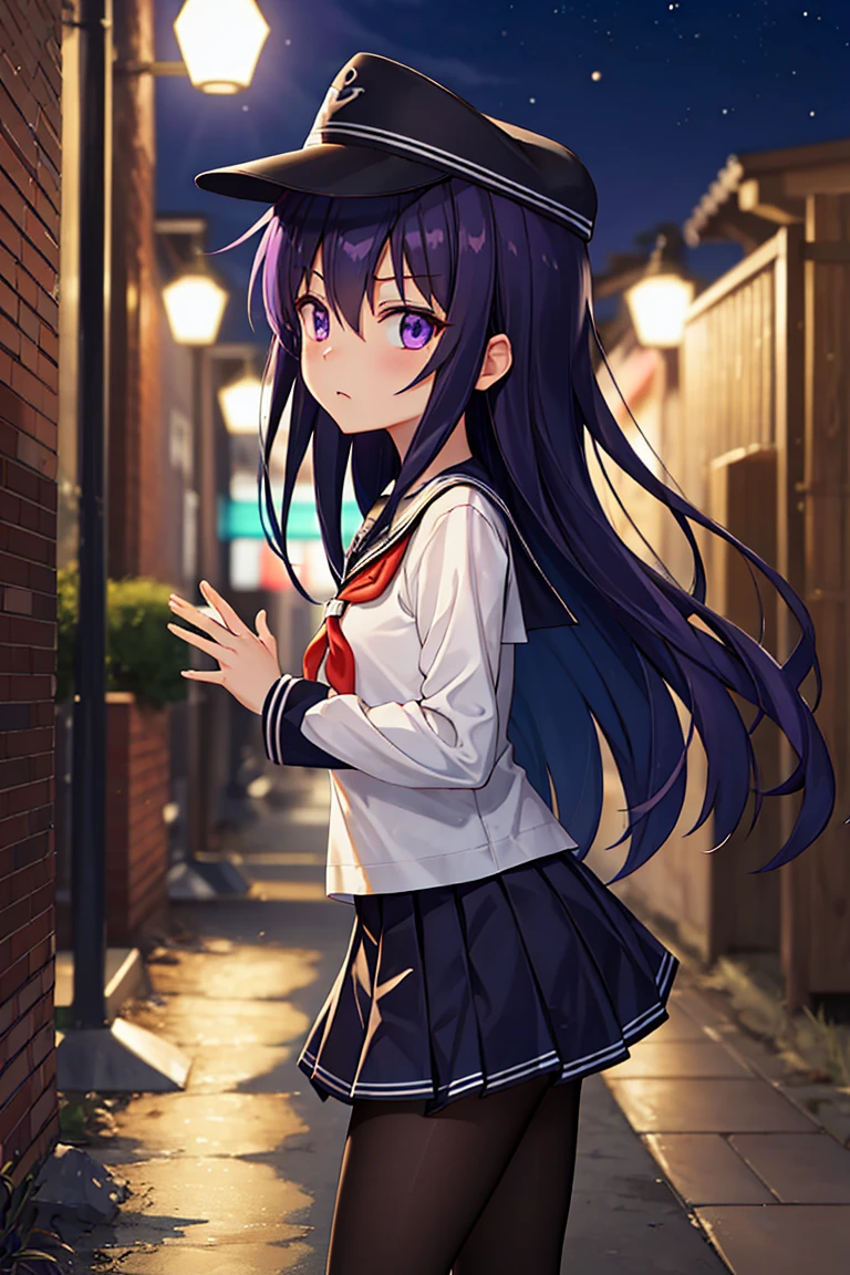 Portrait, official art, best masterpiece, best quality, best resolution, 8K, best detailed, perfect anatomy, dutch angle, (look far away:1.2), (From below, From side), motion blur, drop shadow, dutch angleabove
BREAK
Look up at the sky, raise one hand
BREAK
(akatsuki_kantaicollection:1.15), long hair, serafuku, hat, anchor symbol, purple eyes, purple hair, flat cap, hair between eyes, neckerchief, red neckerchief, school uniform, (small breasts, child_like build, short stature:1.3), 1small girl, little_girl
BREAK
Serious face, furrowing brow, (closed your mouth, worried)
BREAK
Clear autumn sky, sea side, water's edge, Darkness, absurd, (outdoor), (night, midnight:1.3), very fine and detailed 16KCG wallpapers