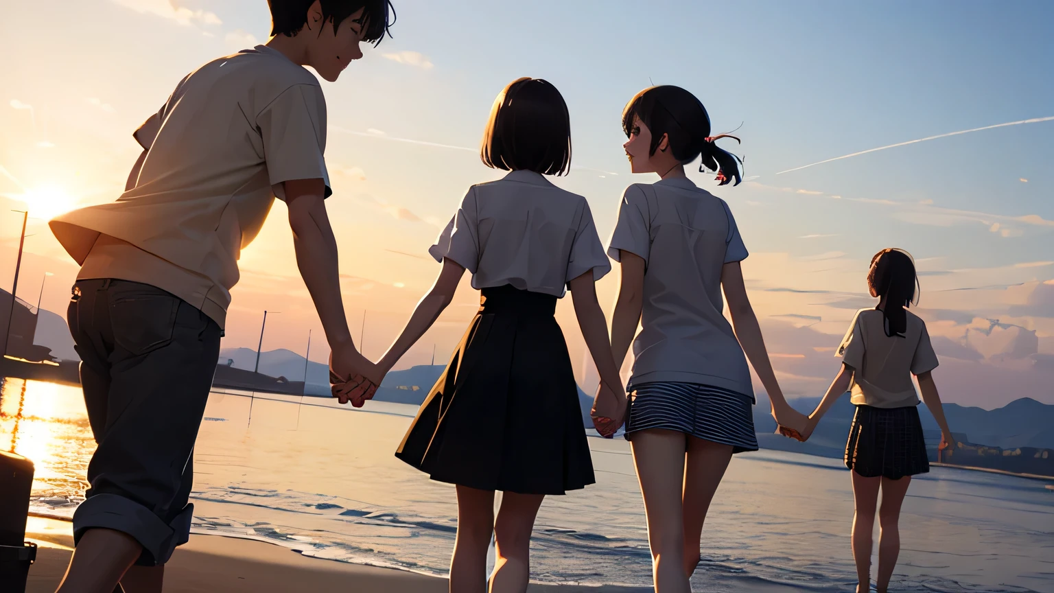 characters are laughing and talking in front of a building with a blue sky,