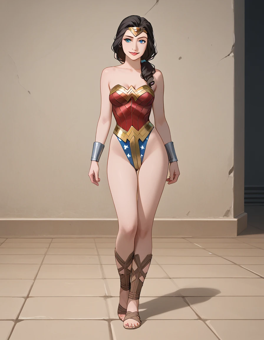 ((full body shot, standing, feet on the ground)) Wonder Woman, masterpiece, best quality, highly detailed, score_9, score_8_up, score_7_up, score_6_up, anime font,BREAK, 1girl, solo, standing, nude , thin, long hair, blue eyes, flower, hair tie, breasts, bow, looking at viewer, freckles, parted lips, watermark, smile, full body, red lips, lips, inside a prison cell , tied with natural rope, feet together, knees together, elbows together, feet connected to shoulders, front view of the heroine. She looks at you, your gauze hurts, gladiator sandal boots: 1.6,  fishnet stocking

