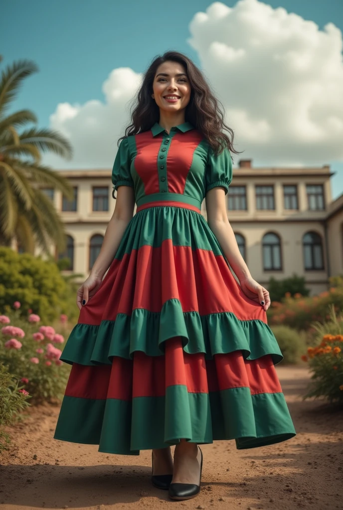 masterpiece photo of a dark-haired full-length woman with green eyes dressed as mage actively says something while gesticulating, a cheerful facial expression, interesting dynamic pose, against the background of college of magic, a rich blue sky with clouds, a lot of vegetation, bright colors, intricate bizarre color combinations