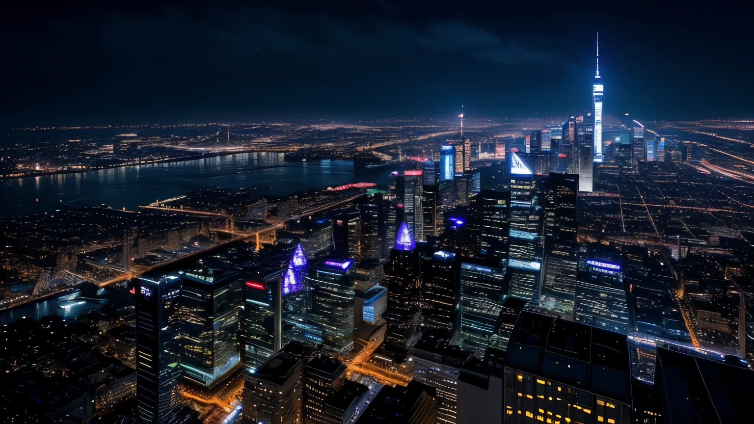 Realistic cityscape is a cityscape full of towering skyscrapers, Neon navy blue lights illuminate the night. All these elements come together，A real-life picture of the modern vibrant metropolis of the city.