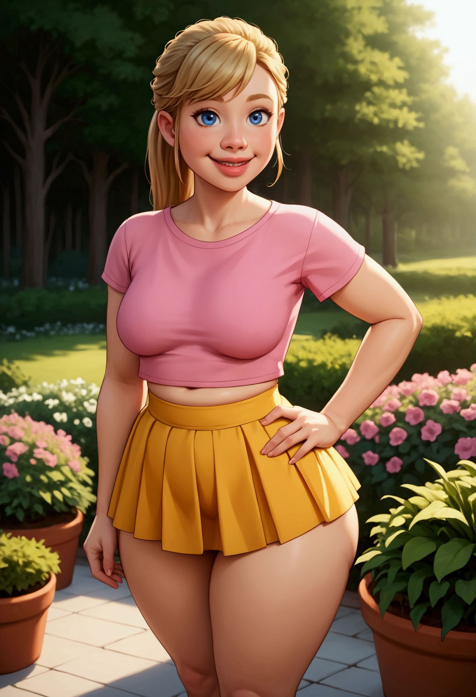 A stunning, intricate full-color portrait in Ultra-HD, detailed face, big lips, , long hair and making a blonde ponytail, blue eyes, Wearing pink t-shirt, croptop,  sharp focus, natural lighting, Subsoil Dispersion, F2, 35mm, will be standing, posing sensually, large butt, very sexy, huge butt, with chubby legs and wide hips, thick thighs, very narrow waist, in a garden, smiling and with braces, medium breasts, big ass, She will be wearing a very small wide yellow skirt that her underwear will be visible,