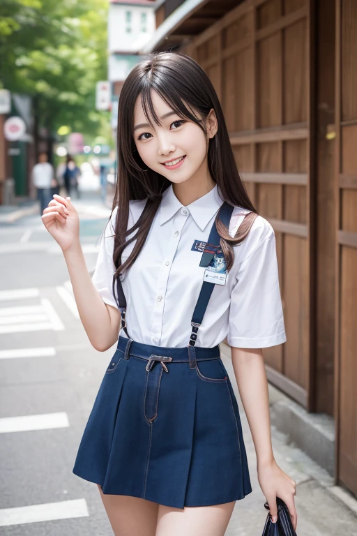 (8k, RAW photo, best quality, masterpiece:1.2), High detail RAW color photo, professional photograph, (realistic, photo realistic:1.37), ((best quality)),On the way to school, (((a beautiful and cute girl in a junior high stands on her tiptoes because of her short stature, and holds on to the straps of the train with her right arm stretched out straight:1.68))),((the girl is 13 years old)),feminine,((The girl is 138cm tall:1.37)), ((the girl is baby face)),(((the girl has small cute face))), ((big double eyelid eyes)), ((small cute nose)), ((slim waist)), ((small hip)), (looking at viewer:1.2),smooth hair, smooth skins, ((no manicure)), ((no maked up)), ((no accessary)),(the girl is wearing uniforms consisting of a white open-collar business shirt and a navy blue school skirt),((The girl is hanging on to the strap with her right hand:1.68)),