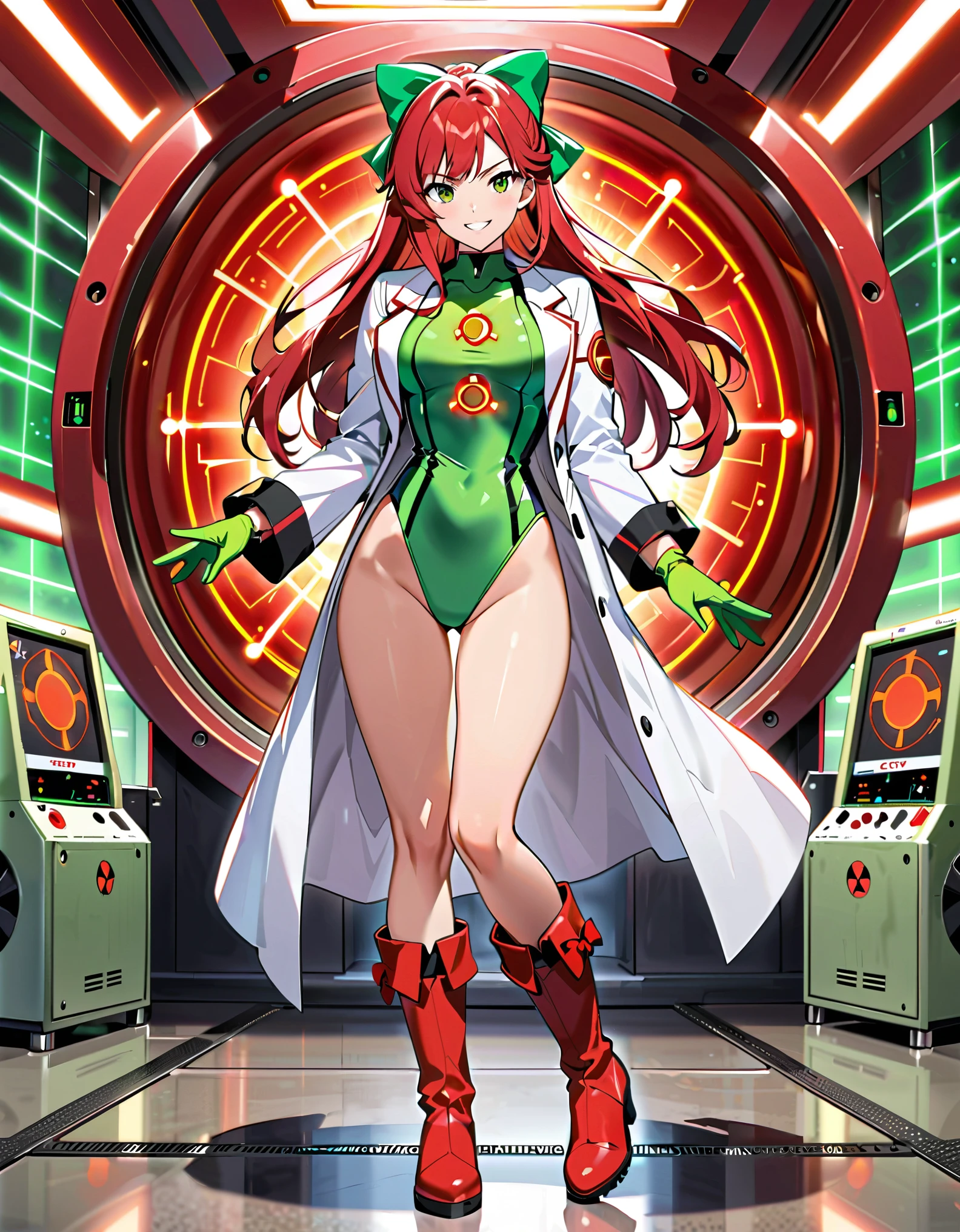 masterpiece, best quality, 1girl, solo, scientist, mad scientist, (red lab coat), (green leotard), (red hair bow), bare legs, (ankle-high boots, red boots, matching boots), (gloves, green gloves, matching gloves), (black hair, long hair), (hazel eyes, beautiful detailed eyes), (perfect hands, complete fingers, perfect anatomy, perfect proportions), scheming pose, professional, laboratory backdrop, cowboy shot, bunker, evil grin, (atomic symbol on chest), powering up, full body costume design, glow, energy pulse, (energy ball on hand).