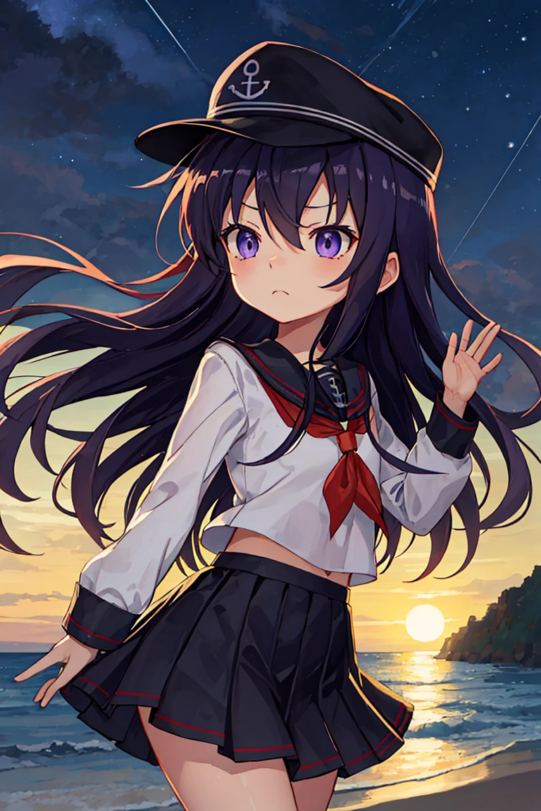 Portrait, official art, best masterpiece, best quality, best resolution, 8K, best detailed, perfect anatomy, dutch angle, (look up, look far away:1.2), (From below, From side), motion blur, drop shadow, dutch angleabove
BREAK
Look up at the sky, raise one hand
BREAK
(akatsuki_kantaicollection:1.15), long hair, serafuku, hat, anchor symbol, purple eyes, purple hair, flat cap, hair between eyes, neckerchief, red neckerchief, school uniform, (small breasts, child_like build, short stature:1.3), 1small girl, little_girl
BREAK
Serious face, furrowing brow, (closed your mouth, worried)
BREAK
Clear night sky, sea side, water's edge, Darkness, absurd, (sea), (night, midnight:1.3), very fine and detailed 16KCG wallpapers