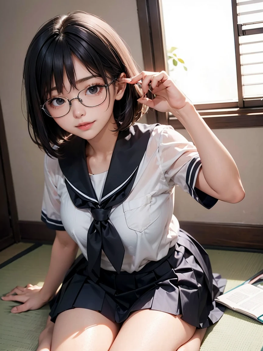 (Best Quality, Ultra-detailed, Golden ratio, masutepiece:1.2), theatrical lighting:0.7, Photo of 18-year-old Riga Hyun Korean woman in uniform,Female Lesbian, face perfect, (highlydetailed skin), Randomly colored hair, Hide your mouth with your hands、Ridicule, Skin Texture, pale skin, Shiny skin, (slim, Large:1.2), [:(sharp focus on face, Perfect eyes:1.2):0.2], Photorealistic, Film grain, Put one foot forward、from below looking up、Looking at the camera、Focus on the face、Wearing tights、eye glasses、Smile with the corners of your mouth raised、Expressions of misogyny