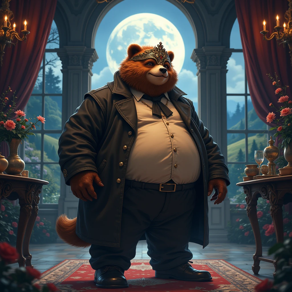 masquerade, a plump middle-aged bear man, light smile, flamboyant, pants, beautiful mask, tailcoat, dancing, detailed painting landscape, moonlit night, grand ballroom, indoor, BREAK full body in Michelangelo Buonarroti style, digital illustration anime, character focus, full body, looking away, dynamic angle, niji6, BREAK complete anatomy, perfect proportions, beautiful thigh gap, fluffy body, intricate fur details, beautiful fur texture, BREAK detailed bear tail, detailed boots, beautiful foot, detailed hands, 5fingers, 5fingers nails, BREAK aesthetic anime face, insanity detailed face, male face, big face, square jawline, aesthetic anime eyes, detailed brown eyes, detailed brown cornea, detailed dark brown irises, detailed pupils, male eyes, big eyes, male eyebrows, innocent look, beautiful beard, BREAK masterpiece, official art, best quality, very aesthetic, absurdres, super fine illustration, great quality, BREAK noise reduction, very highres, large filesize, high quality, 32K, 8k wallpaper, dynamic lighting, BREAK insanity detailed, ultra detailed, intricate details, extremely detailed, detailed texture, an extremely delicate and beautiful, full color, HDR, BREAK e621 uncut Fur Affinity illustration, osukemo, kemohomo, anthropomorphic, furry, cartoon, harmonious eyes, pastoral face, virtuous body, gothic atmosphere