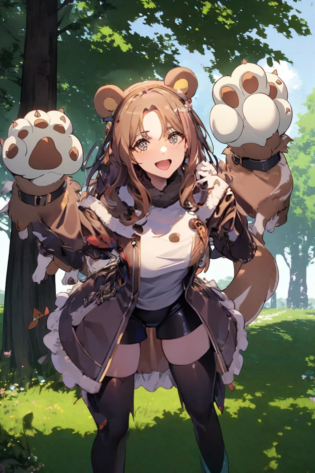 2d, masterpiece, best quality, anime, highly detailed face, highly detailed eyes, highly detailed background, perfect lighting, full body, 1girl, solo, nene_official, bear ears, paw gloves, two side up, corset, cleavage cutout, orange skirt, layered skirt, multicolored bow, white socks, dynamic pose, smile, forest <lora:nene-09:1>