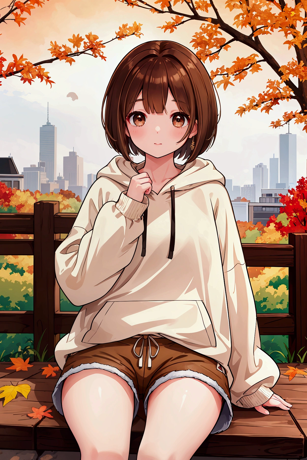 Photorealistic、Highest quality、Highest Resolution、Best Quality、8Ｋ、HD、autumn、One woman、Cute face、Delicate face、Bob cut hair、Ash brown hair color、Brown eyes、Delicate eyes、Beautiful Eyes、Long sleeve oversized hoodie、Shorts、