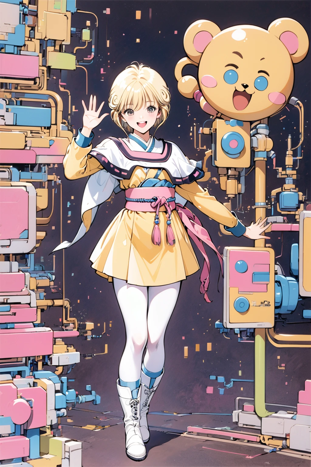 Amano Ai,Alone,1 girl,Full Body,short hair,Brown eyes,White shoes,smile,Open your mouth,boots,Watching the audience,Long sleeve,Blonde,Standing,Yellow short dress, White Pantyhose, White capelet, Pink Obi, Pink Ribbon,Traditional Media, Detailed computer circuit background