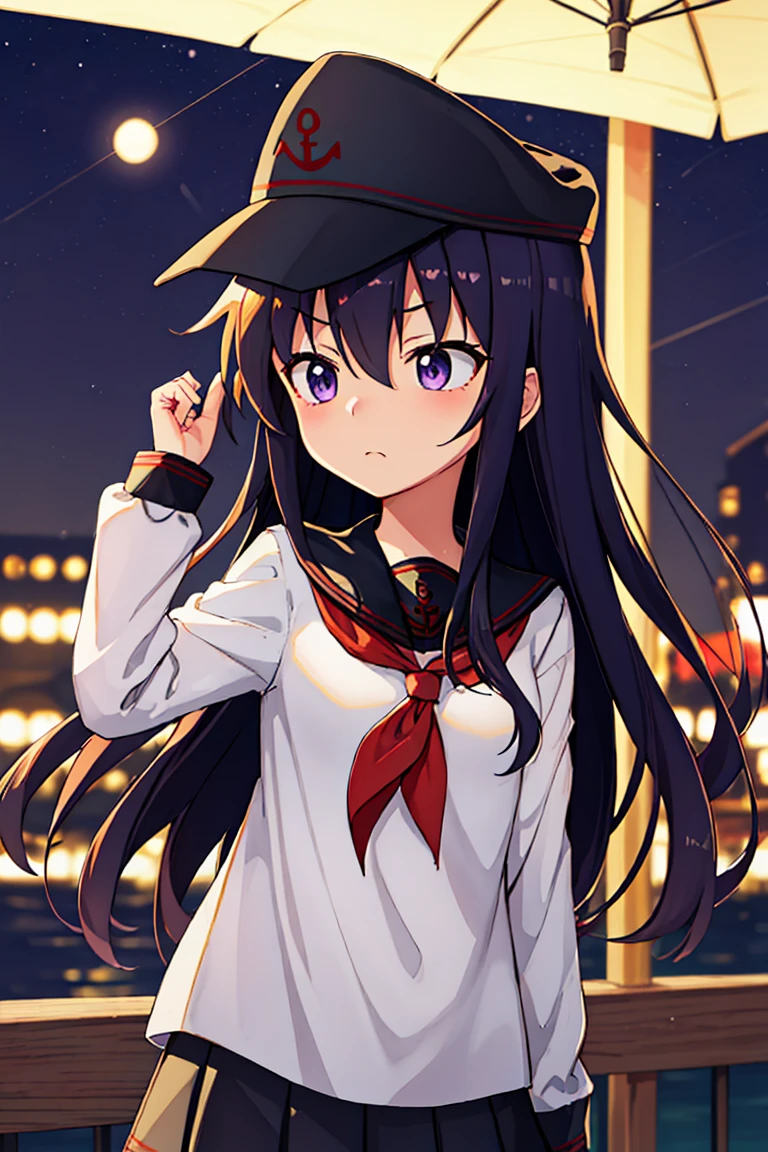 Portrait, official art, best masterpiece, best quality, best resolution, 8K, best detailed, perfect anatomy, dutch angle, (look up, look far away:1.2), (From below, From side), motion blur, drop shadow, dutch angleabove
BREAK
Look up at the sky, raise one hand
BREAK
(akatsuki_kantaicollection:1.15), long hair, serafuku, hat, anchor symbol, purple eyes, purple hair, flat cap, hair between eyes, neckerchief, red neckerchief, school uniform, (small breasts, child_like build, short stature:1.3), 1small girl, _girl
BREAK
furrowing brow, (closed your mouth, worried)
BREAK
Clear night sky, sea side, water's edge, Darkness, absurd, (sea), (night, midnight:1.3), very fine and detailed 16KCG wallpapers