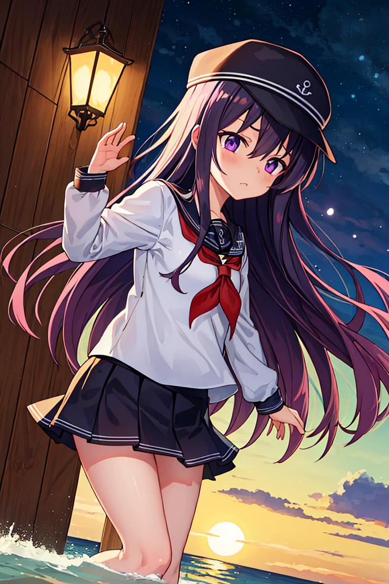 Portrait, official art, best masterpiece, best quality, best resolution, 8K, best detailed, perfect anatomy, dutch angle, (look up, look far away:1.2), (From below, From side), motion blur, drop shadow, dutch angleabove
BREAK
Look up at the sky, raise one hand
BREAK
(akatsuki_kantaicollection:1.15), long hair, serafuku, hat, anchor symbol, purple eyes, purple hair, flat cap, hair between eyes, neckerchief, red neckerchief, school uniform, (small breasts, child_like build, short stature:1.3), 1small girl, little_girl
BREAK
furrowing brow, (closed your mouth, worried)
BREAK
Clear night sky, sea side, water's edge, Darkness, absurd, (sea), (night, midnight:1.3), very fine and detailed 16KCG wallpapers