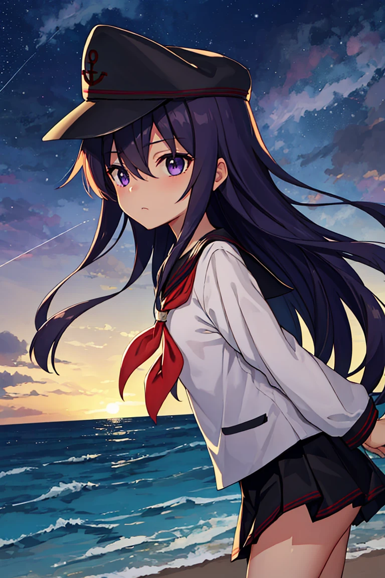 Portrait, official art, best masterpiece, best quality, best resolution, 8K, best detailed, perfect anatomy, dutch angle, (look up, look far away:1.2), (From below, From side), motion blur, drop shadow, dutch angleabove
BREAK
Look up at the sky, raise one hand
BREAK
(akatsuki_kantaicollection:1.15), long hair, serafuku, hat, anchor symbol, purple eyes, purple hair, flat cap, hair between eyes, neckerchief, red neckerchief, school uniform, (small breasts, child_like build, short stature:1.3), 1small girl, little_girl
BREAK
furrowing brow, (closed your mouth, worried)
BREAK
Clear night sky, sea side, water's edge, Darkness, absurd, (sea), (night, midnight:1.3), very fine and detailed 16KCG wallpapers