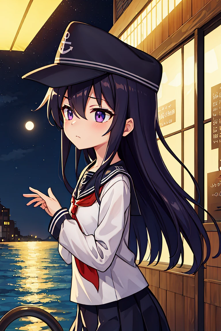 Portrait, official art, best masterpiece, best quality, best resolution, 8K, best detailed, perfect anatomy, dutch angle, (look up, look far away:1.2), (From below, From side), motion blur, drop shadow, dutch angleabove
BREAK
Look up at the sky, raise one hand
BREAK
(akatsuki_kantaicollection:1.15), long hair, serafuku, hat, anchor symbol, purple eyes, purple hair, flat cap, hair between eyes, neckerchief, red neckerchief, school uniform, (small breasts, child_like build, short stature:1.3), 1small girl, little_girl
BREAK
furrowing brow, (closed your mouth, worried)
BREAK
Clear night sky, sea side, water's edge, Darkness, absurd, (sea), (night, midnight:1.3), very fine and detailed 16KCG wallpapers