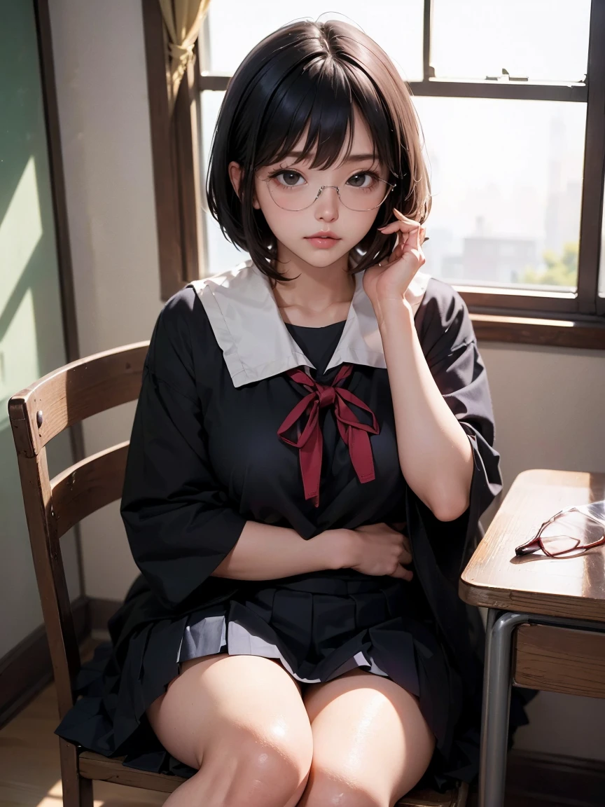 8k, RAW photos, top quality, masterpiece, realistic, photorealism, collarbones, ultra high resolution, physically based rendering, (aegyo sal:1), 18 year old girl, medium breasts, (ribbon, socks, high school uniform), high school classroom, beautiful detailed eyes, light on the face, (full body shot:1.2), (black hair, bob hair:1.2), (thick thighs), shy, (attractive:1.2), (sitting at a desk in classroom: 1.2), (good anatomy: 1.2), perfect face, cute face, (high angle shot:1.2), sharp focus