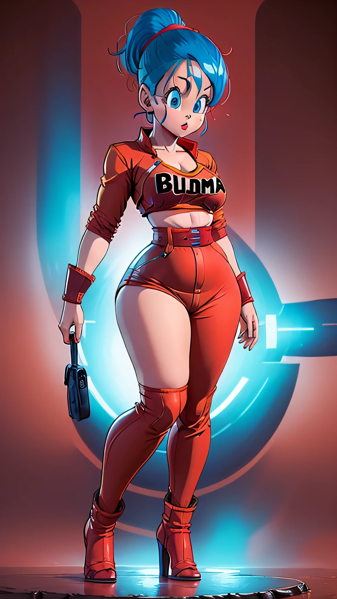 Bulma S beautiful in her red suit big breasts and big hips small waist full body blue hair