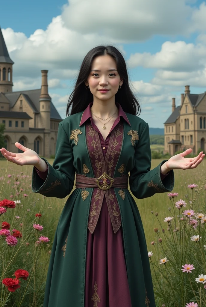 masterpiece photo of a dark-haired full-length woman with green eyes dressed as mage actively says something while gesticulating, a cheerful facial expression, interesting dynamic pose, against the background of college of magic, a rich blue sky with clouds, a lot of vegetation, bright colors, intricate bizarre color combinations