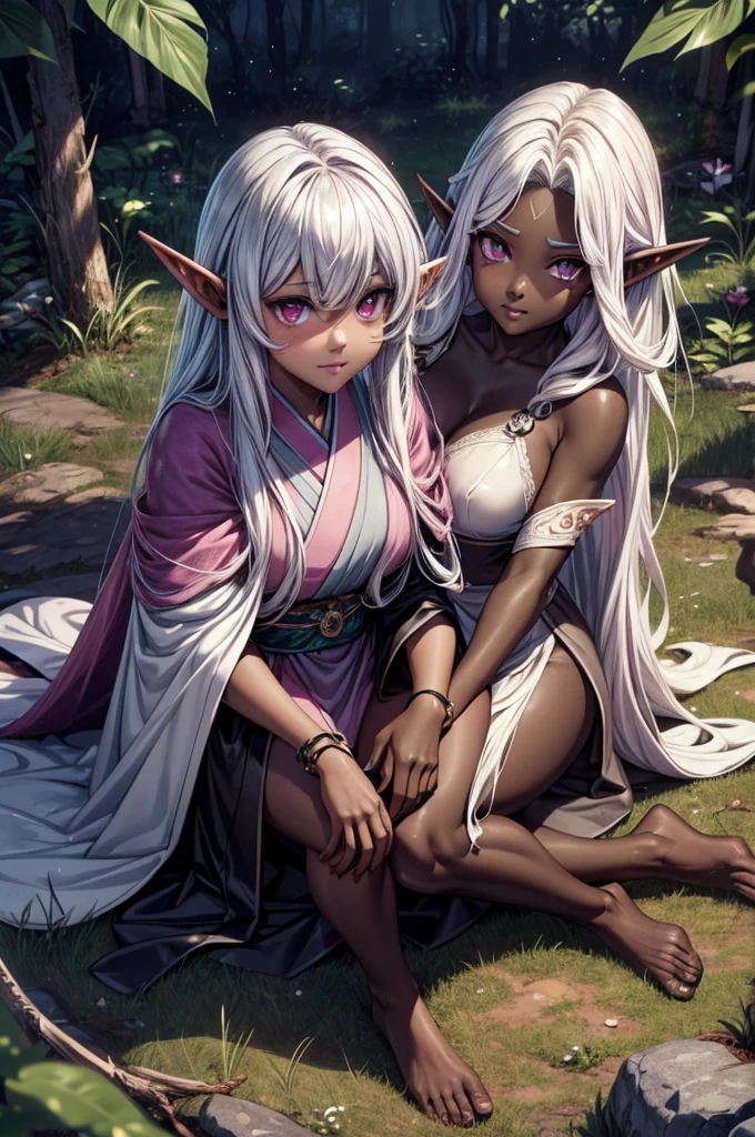  close up:1.2, Women:1.2, back position, , squinting eyes, Satisfied smile, small bust 1:1, white&pink long hair, the best definition, Anime style image, high definition, good quality, anime character, dark elf, teenage elf 18 yeats old, slanted eyes, Sensual look, big bright purple eyes, elven clothes, dark skin, dark skin,. She is in a forest. She is a dark elf,black Kimono, bottom view from your feet, close up feet. open lingerie