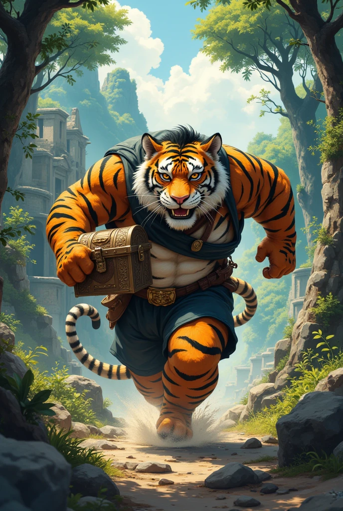 treasure hunter, a plump middle-aged tiger man, full body in Michelangelo Buonarroti style, digital illustration anime, character focus, full body, looking away, dynamic angle, BREAK clothed, costume, hat, half pants, holding treasure chest, run away, running through a forest, dynamic pose, detailed painting landscape, jungle ruins, outdoor, BREAK complete anatomy, perfect proportions, beautiful thigh gap, fluffy body, intricate fur details, beautiful fur texture, BREAK detailed tiger tail, detailed toe, 5toes, 5toes nails, beautiful foot, detailed hands, 5fingers, 5fingers nails, BREAK aesthetic anime face, insanity detailed face, male face, big face, square jawline, aesthetic anime eyes, detailed brown eyes, detailed brown cornea, detailed dark brown irises, detailed pupils, male eyes, big eyes, male eyebrows, innocent look, beautiful beard, BREAK masterpiece, official art, best quality, very aesthetic, absurdres, super fine illustration, great quality, BREAK noise reduction, very highres, large filesize, high quality, 32K, 8k wallpaper, dynamic lighting, BREAK insanity detailed, ultra detailed, intricate details, extremely detailed, detailed texture, an extremely delicate and beautiful, full color, HDR, BREAK e621 tag, Fur Affinity illustration, osukemo, kemohomo, anthropomorphic, furry, cartoon, harmonious eyes, pastoral face, virtuous body, epic atmosphere 