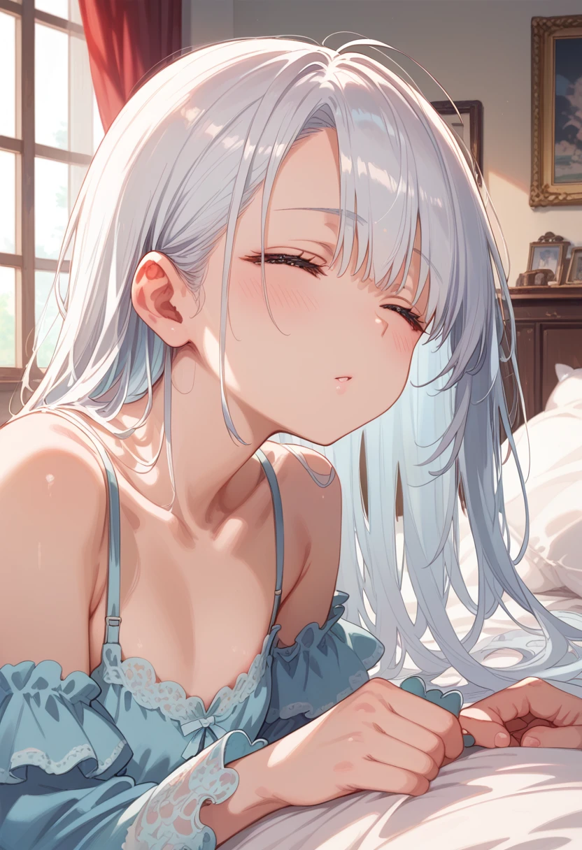 A beautiful young boy with white hair, detailed skin, and a serene expression sleeping comfortably in a bed, wearing a nightdress, masterpiece, ultra-detailed, 8k, detailed lighting, detailed shadows, (detailed skin), nordic, face, (), peaceful sleep