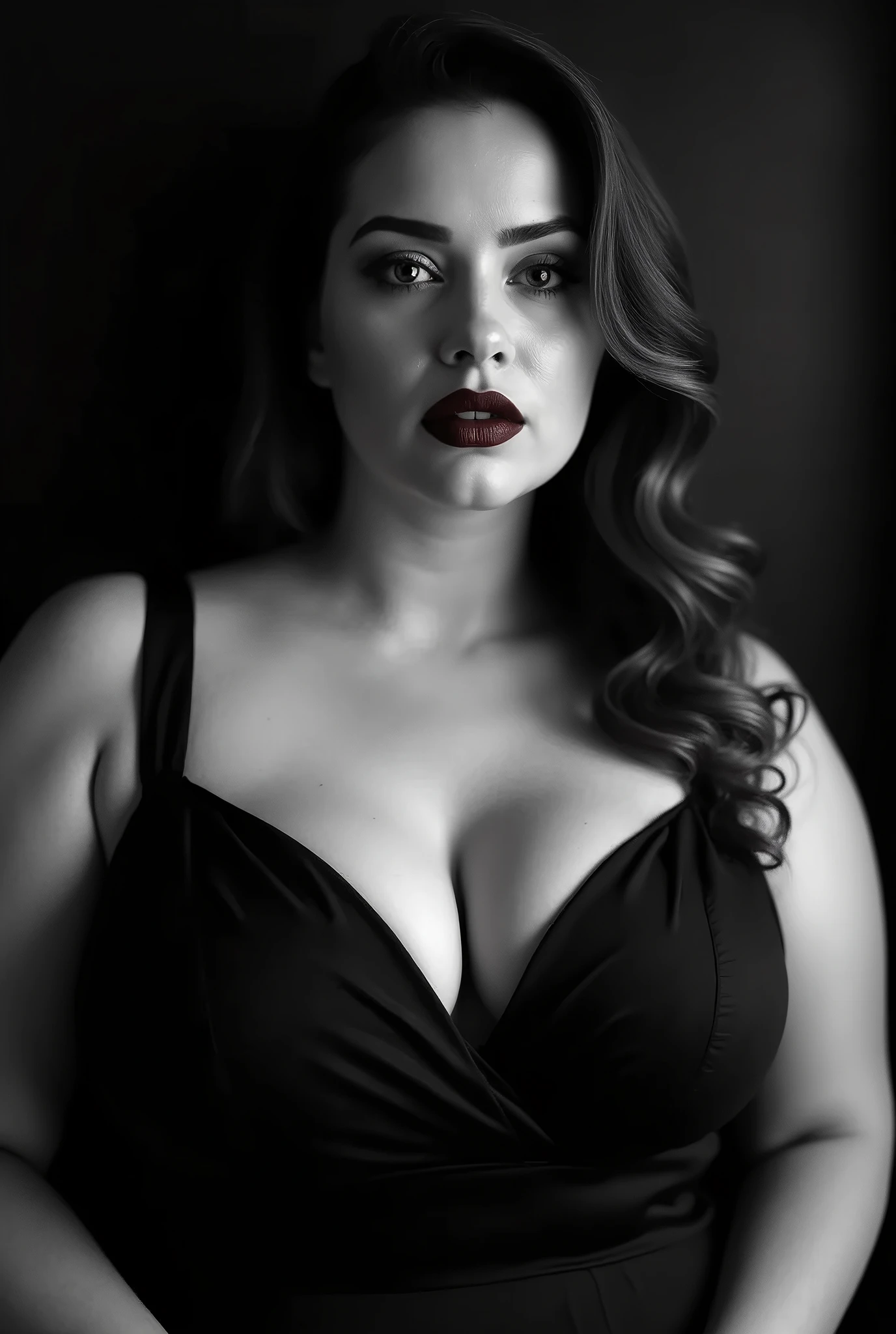 a chubby and muscular woman in her 30s, sensual fine art nude, monochrome, dramatic lighting, high contrast, minimalistic background, elegant pose, chiaroscuro, Helmut Newton style, sophisticated, alluring, dramatic, powerful, cinematic, fashion photography