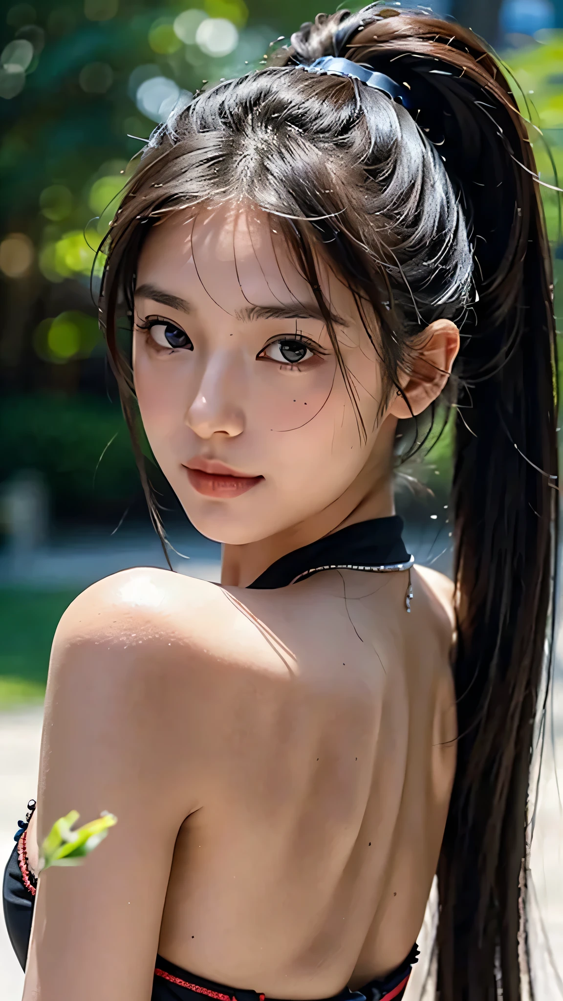 a 20 yo woman,A dark-haired,poneyTail,Facing forward,fullnude