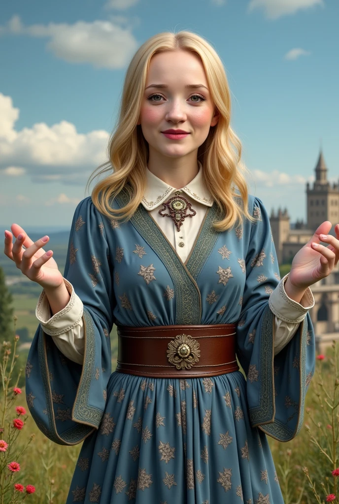 masterpiece photo of a blond-haired full-length woman with green eyes dressed as mage actively says something while gesticulating, a cheerful facial expression, interesting dynamic pose, against the background of college of magic, a rich blue sky with clouds, a lot of vegetation, bright colors, intricate bizarre color combinations