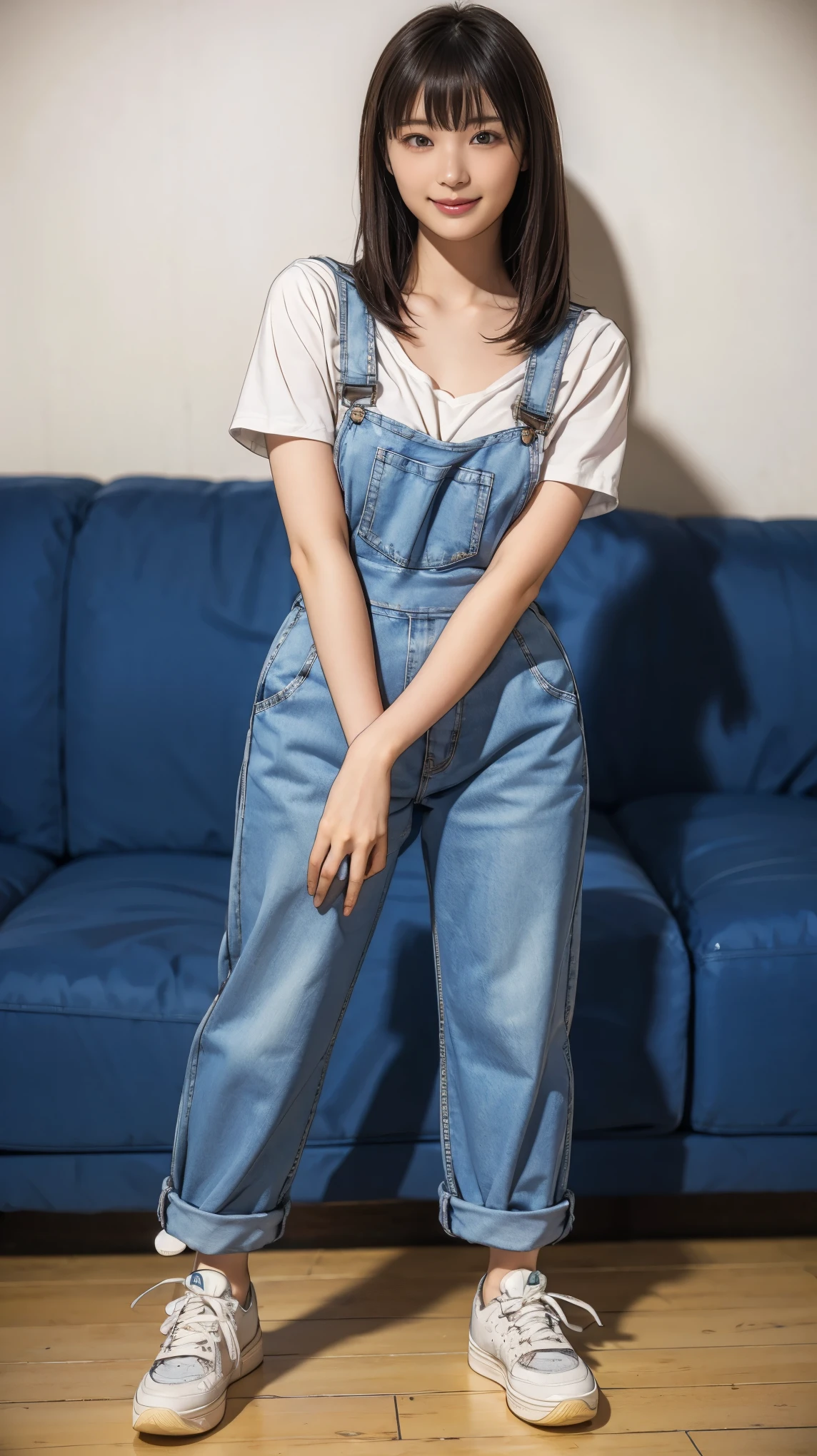 full body portrait, 2d, anime, hentai, dark theme, black background, white skin, latina, woman, youthful adult, college age, 21 year old, standing, arms behind back, overalls, naked overalls, small breasts, neat hair, long brown hair, brown eyes, natural eyebrows, [Mexican], (smile, looking at viewer)