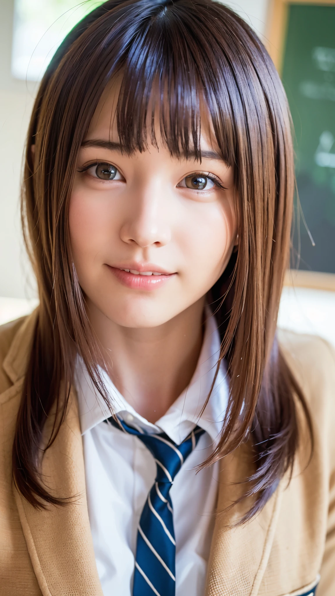 (8k, Photorealistic, RAW Photos, Best image quality: 1.4), Japanese schoolgirl、Super detailed face、Eye on the details、double eyelid、Sharp focus:1.2、Beautiful woman:1.4、Light brown hair、Highest quality、masterpiece、Ultra-high resolution、(Photorealistic:1.4)、非常に詳細でプロフェッショナルに照らされたsmile、(Japanese high school uniform:1.5)、blush、amount、Small breasts、Shaggy Hair、From above、High angle、smile、freckles、classroom，Sitting at a desk、Knee-high socks、On your knees、Raking up your hair with your hands