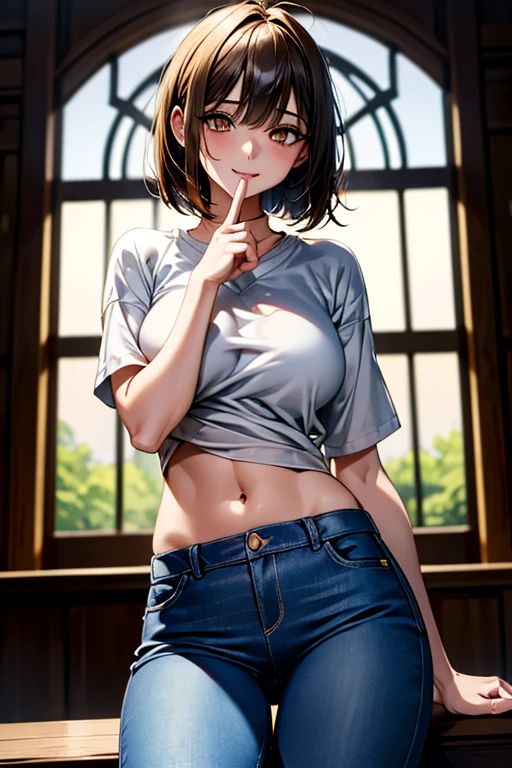 NSFW,
(short bobs dark yellow hair:1.2),[[ahoge]],(((dark cupper eyes))),((bangs)),25 yo,(large breast:0.7),smile,

white Casual outfit,navel,Short very torned jeans:1.2),sitting,(wide spled regs:1.3),steam,.wet,,navel,
(rub her crotch with finger:1.4),(love juice),(pussy juice),

(from below:0.1),(looking at viewer),

((masterpiece)),((best quality)),((8K)),(award-winning),(professional),((highly detailed)),
