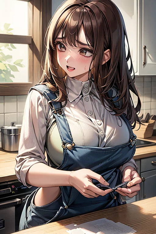 score_9、score_8_up、score_7_up、Very detailed、high quality、Ultra-high resolution、Super detailed、Precision in every detail、masterpiece、(最high quality:1.2)、(NFSW:1.2)、girl 1 person、(28 years old、Big Breasts、Plump breasts、Big Ass:1.3)、Bob long hair、Brown Hair、Long hair tied low in front、(Expressive、Overalls:1.5)、Fuller lips、cheek、Shiny skin、Shiny clothes、blush、sweat、kitchen、