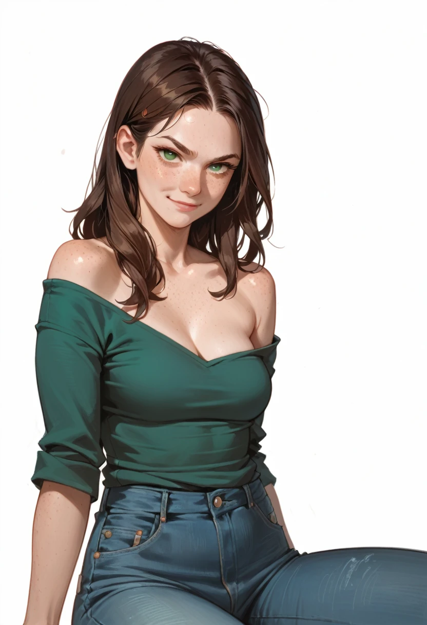 Cartoon of a girl, sexy, slutty, seductive, brown hair, long hair, green eyes, closed mouth, smirk, freckles, perfect face, jeans, blue off-shoulder shirt, subtle cleavage, small breast, simple white background
