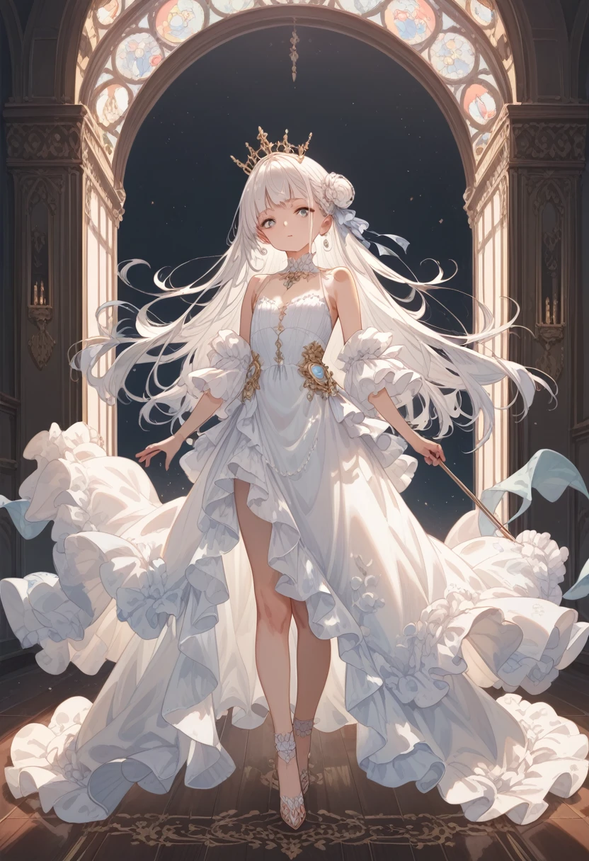 full body, solo, A beautiful young boy with white hair, detailed skin, wearing a nightdress, masterpiece, ultra-detailed, 8k, detailed lighting, detailed shadows, (detailed skin), nordic , detailed face, simple background