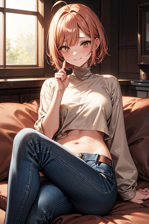 NSFW、(Short bob with dark yellow hair:1.2)、[[Ahoge]]、(((Deep copper eyes)))、((bangs))、Age 25、(Large Breasts:0.7)、smile、White casual wear、Belly button、Short and very pointy jeans:1.2)、Sitting、(Wide spread legs:1.3)、vapor、Wet、、Belly button、(Rub your crotch with your fingers:1.4)、(Love juice)、(Pussy juice)、(From below:0.1)、(Viewer&#39;s perspective)、((masterpiece))、((Best Quality))、((8k))、(Award-winning)、(Professional)、((Very detailed))、