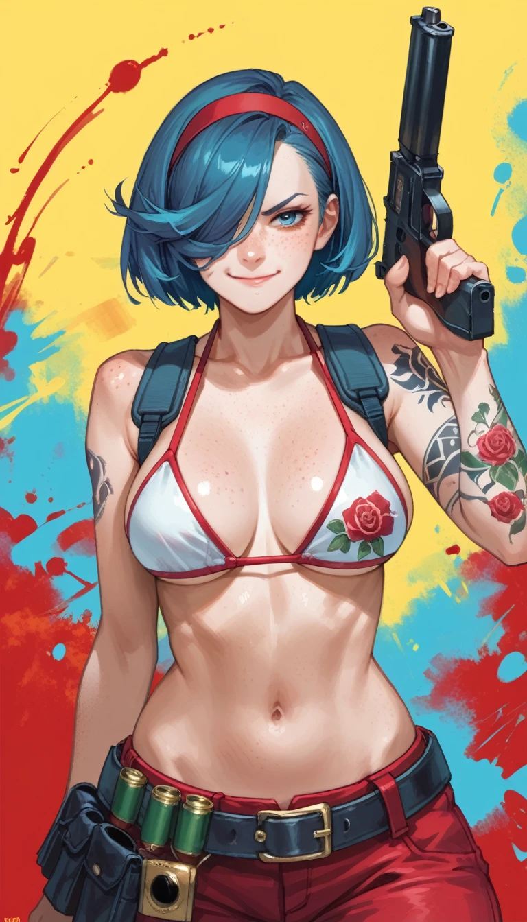 score_9, score_8_up, score_7_up, portrait, closed mouth, smirk, blue eyes, freckles, looking at viewer, short hair, blue hair, long hair, hair over one eye, hairband, bikini top, red pants, belt, pale skin, arm roses tattoo, trigger discipline, finger on trigger, holding gun, paint background