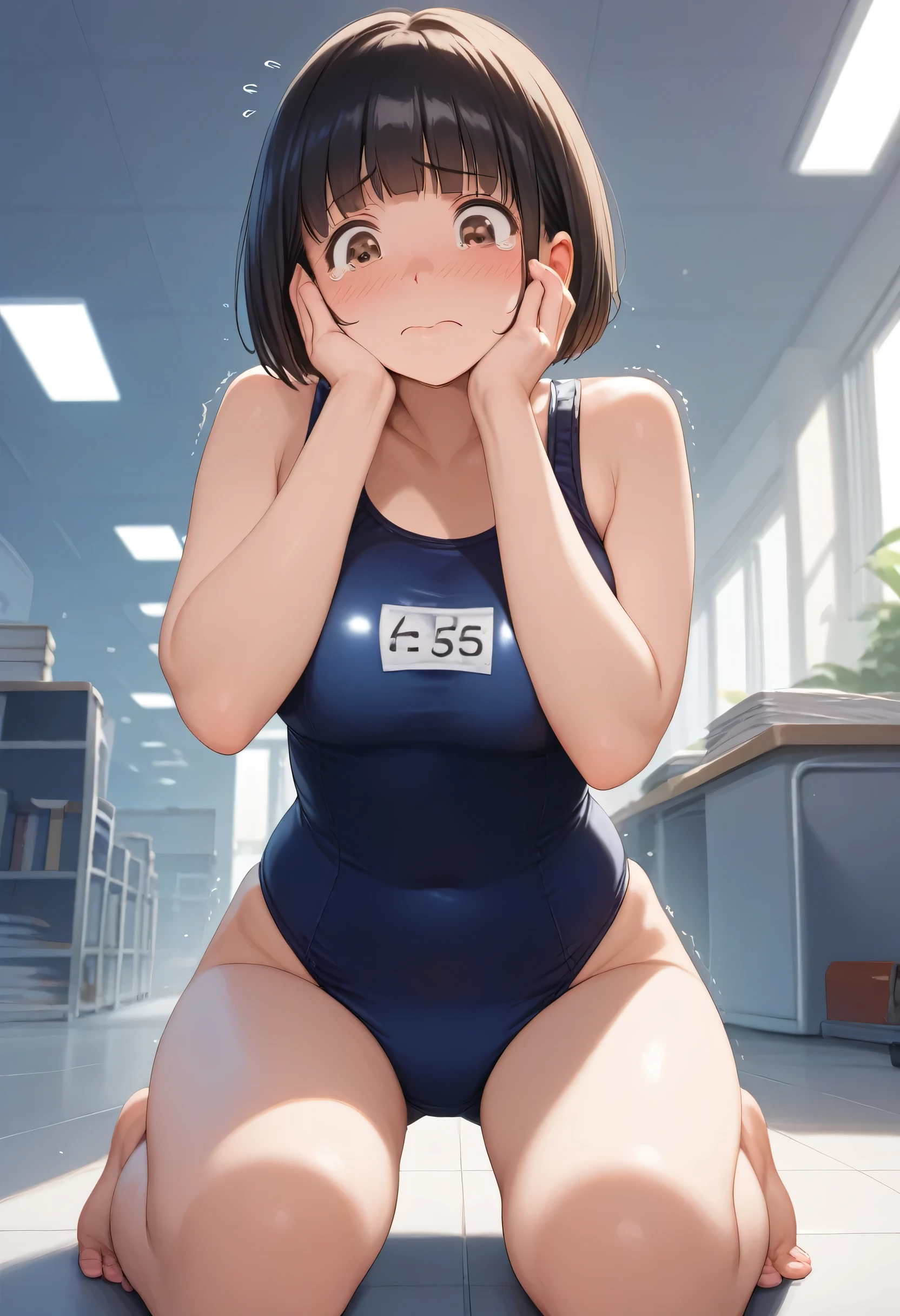 1girl, ,testicles,black hair,brown eyes,,one-piece swimsuit,in bedroom, ,smile,school swimsuit,twin tail,flat creast,half-closed eyes,rolling eye,blush,sweat,heavy breathing,masterpiece,smartphone,