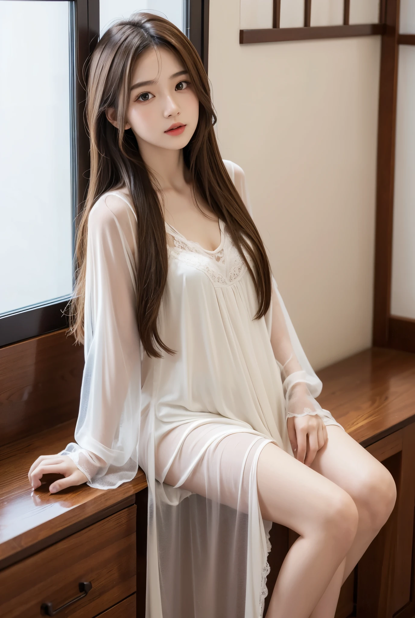 (sexy girl sitting on bed in cute room),Charming eyes,Heartwarming action,Turn your face away from the camera,stooped,Bend over,turn back,Look up at your head,thick long hair,Highly detailed body,Highly detailed face,best qualtiy、(PINK Underwear),(translucent white long blouse),