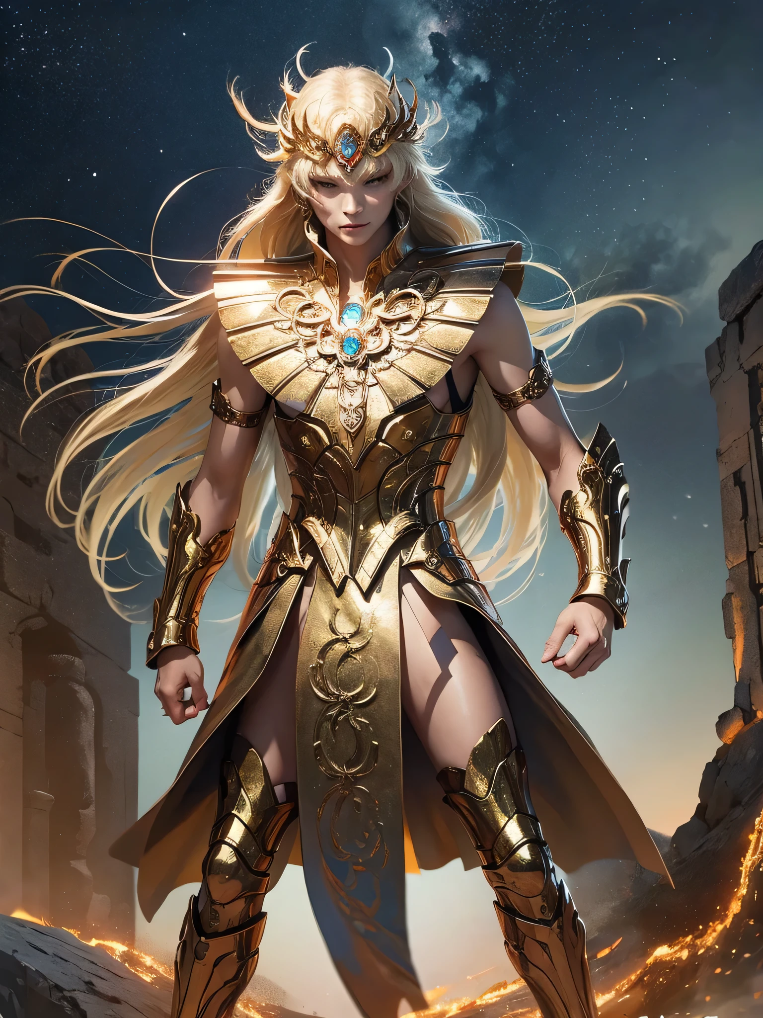 "Create an illustration of the Virgo character Shaka in a fighting pose, holding his classic golden rosary in one hand. He is wearing his shining golden armor, with refined and mystical details that reflect his connection to the constellation Virgo. In the background is a ruined Greek temple, partially collapsed, with fallen columns and ancient details, shrouded in a light mystical mist covering the ground. The scene is dramatic, with the mist creating a mysterious and magical atmosphere, highlighting Shaka's powerful presence."
