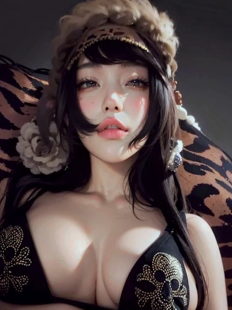 best qualtiy，tmasterpiece，超高分辨率，（Fidelity：1.9)，raw picture，1girll，cropped shoulders，Under the shadows，A full leopard-print blanket covers half of the chest，kneeling on a bed，Knees Together，No clothes on the body，Only leopard skin blankets