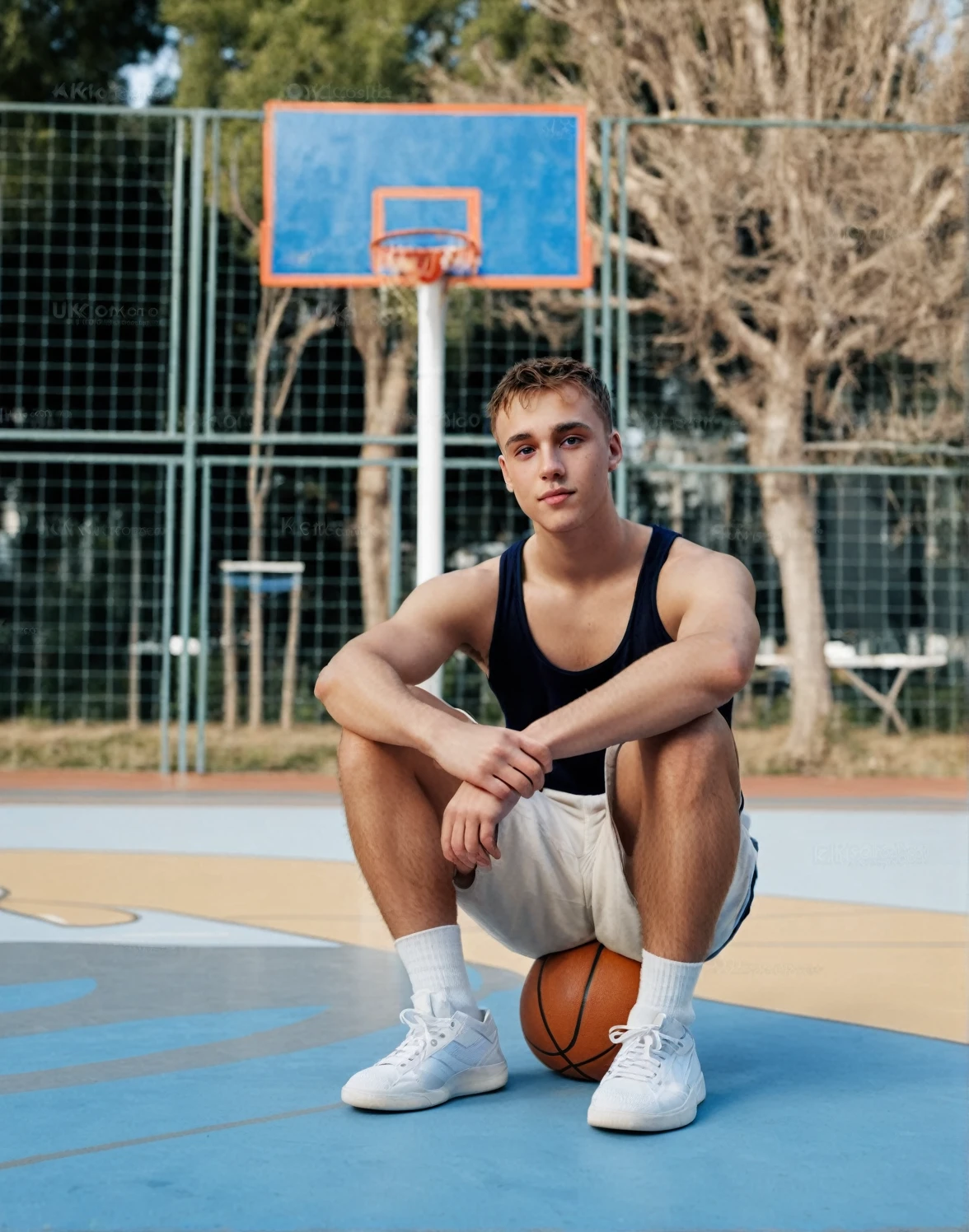 Natural light,nude,Wear white socks,silver hair,18 years old boy,basketball playground,Sit and show your body