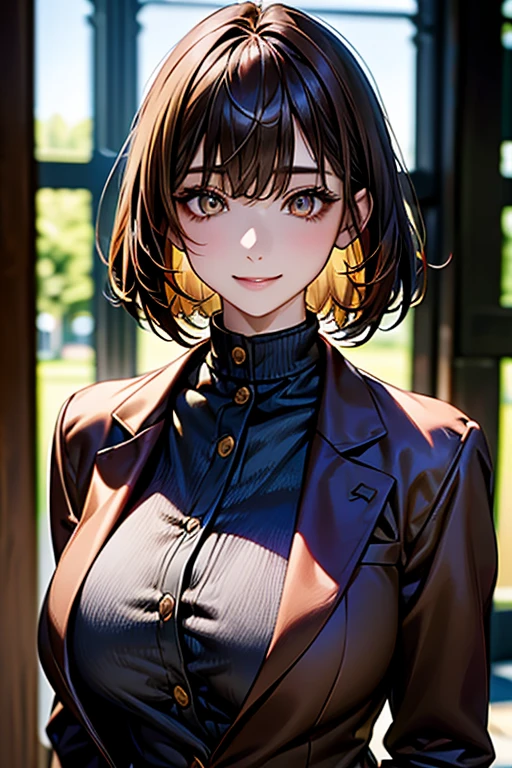 (Short bob dark yellow hair)、(((bangs)))、((Very dark copper eyes))、(Large Breasts:1.5)、smile、(School Blazer)、(Long sleeve)、(Jacket only)、(No bra)、(No shirt)、(masterpiece)、(Best Quality))、(Absurd)、(Most hetic)、(Upper Body)、(Staring at the audience、